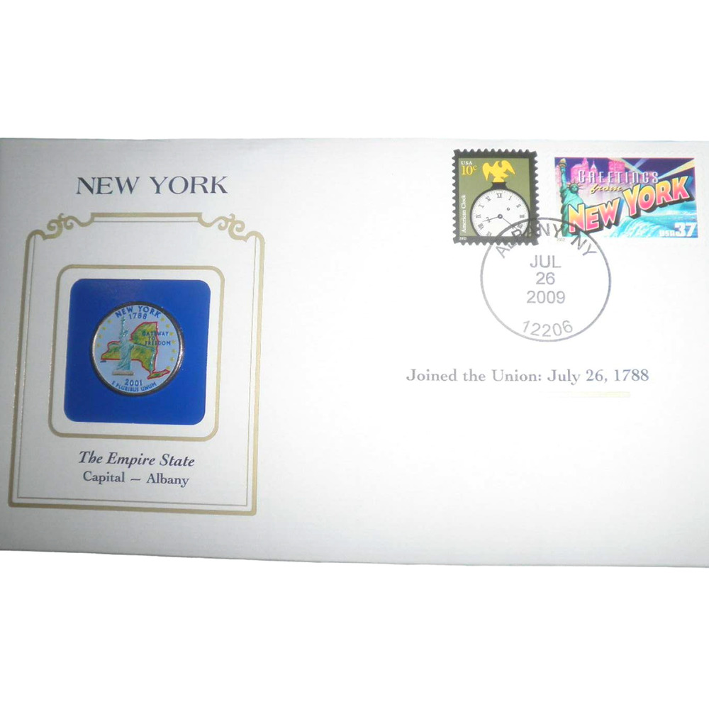 NEW YORK COLORIZED QUARTER & FIRST DAY COVER BY POSTAL COMMEMORATIVE SOCIETY